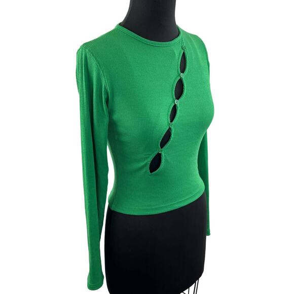 NASTY GAL Green Diagonal Cut Out Ribbed Knit Long Sleeve Top Fitted Night Out 4 - Picture 1 of 8